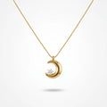 QIAOREN 13726 Thin Snake Chain Pendant Necklace with Smooth Curved Crescent Moon Charm Inlaid Single Round Clear Zircon