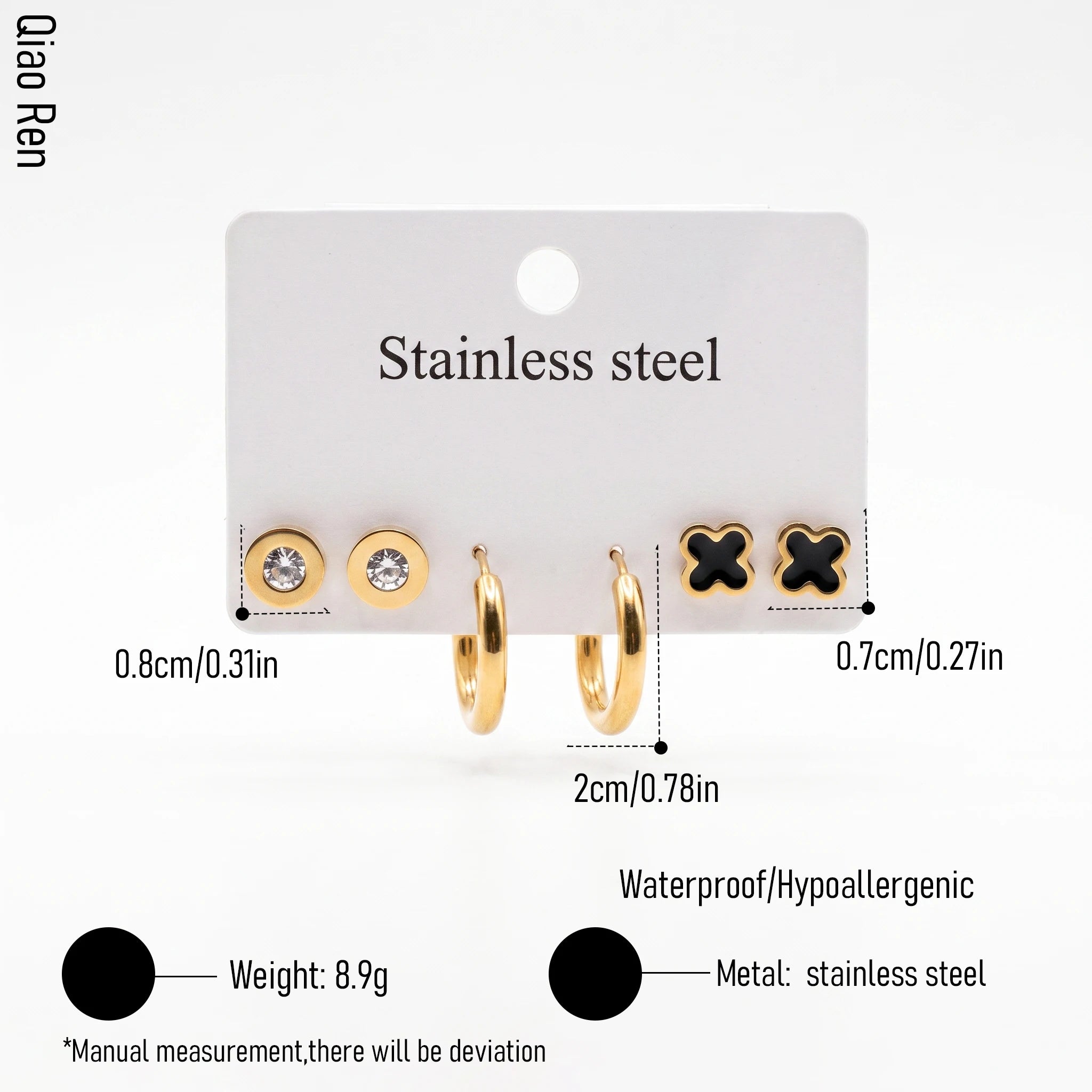 QIAOREN 14472 3 Pair Gold Stainless Steel Earrings Set, Round Disc CZ Studs, Black Enamel Clover Studs & Smooth Huggie Hoops
