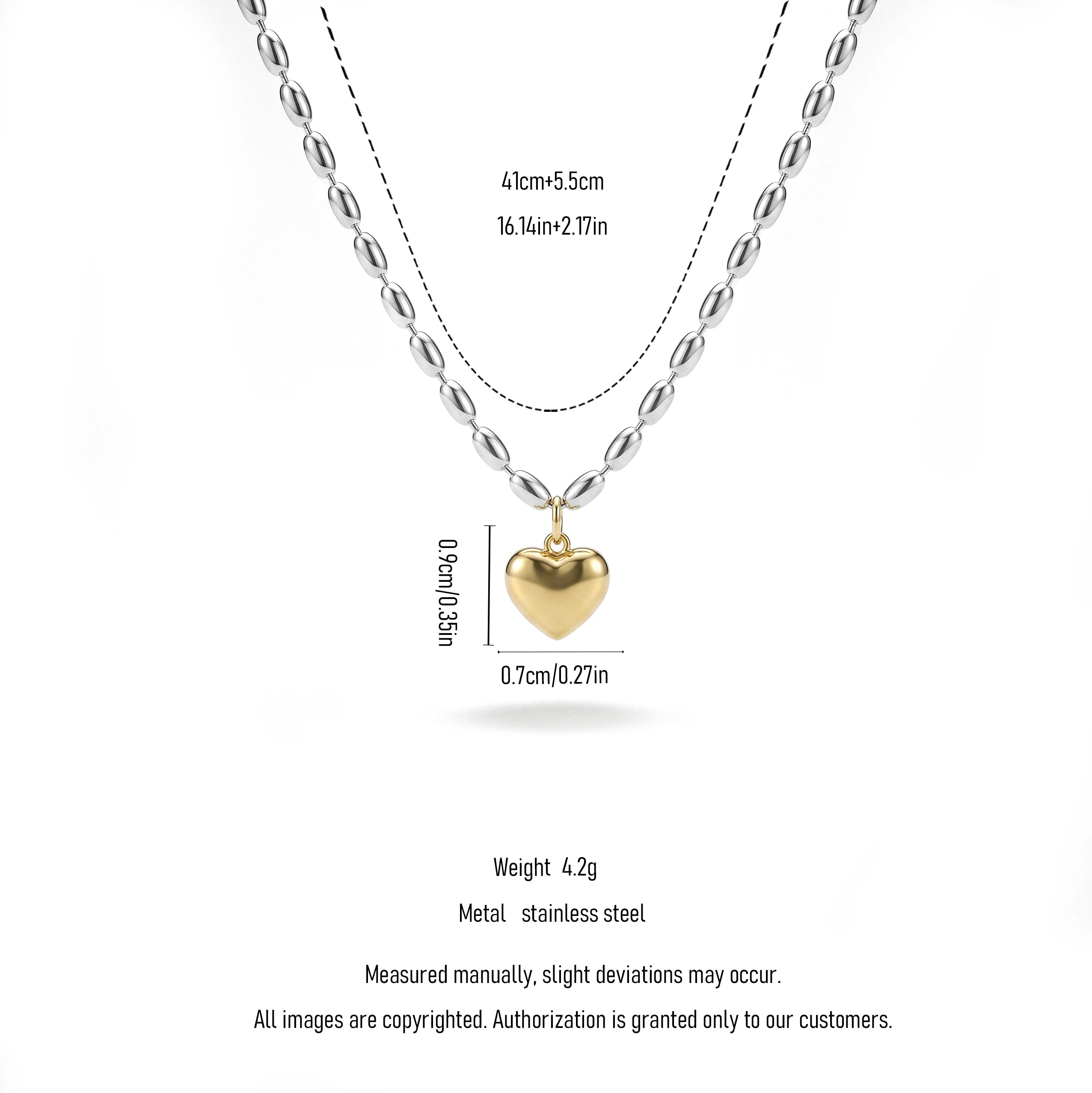 QIAOREN 13995 Two Tone Oval Rice Bead Chain Necklace with Puffy Solid Gold Heart Pendant, Silver Chain & Gold Charm Contrast