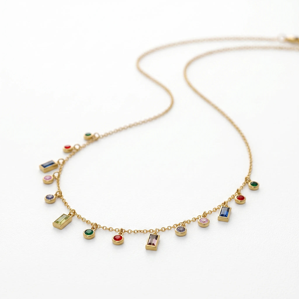 QIAOREN 13500 Rainbow Multi Shape Crystal Drop Station Necklace with Random Mixed Color Bead Charms Dangle Thin Chain Necklace
