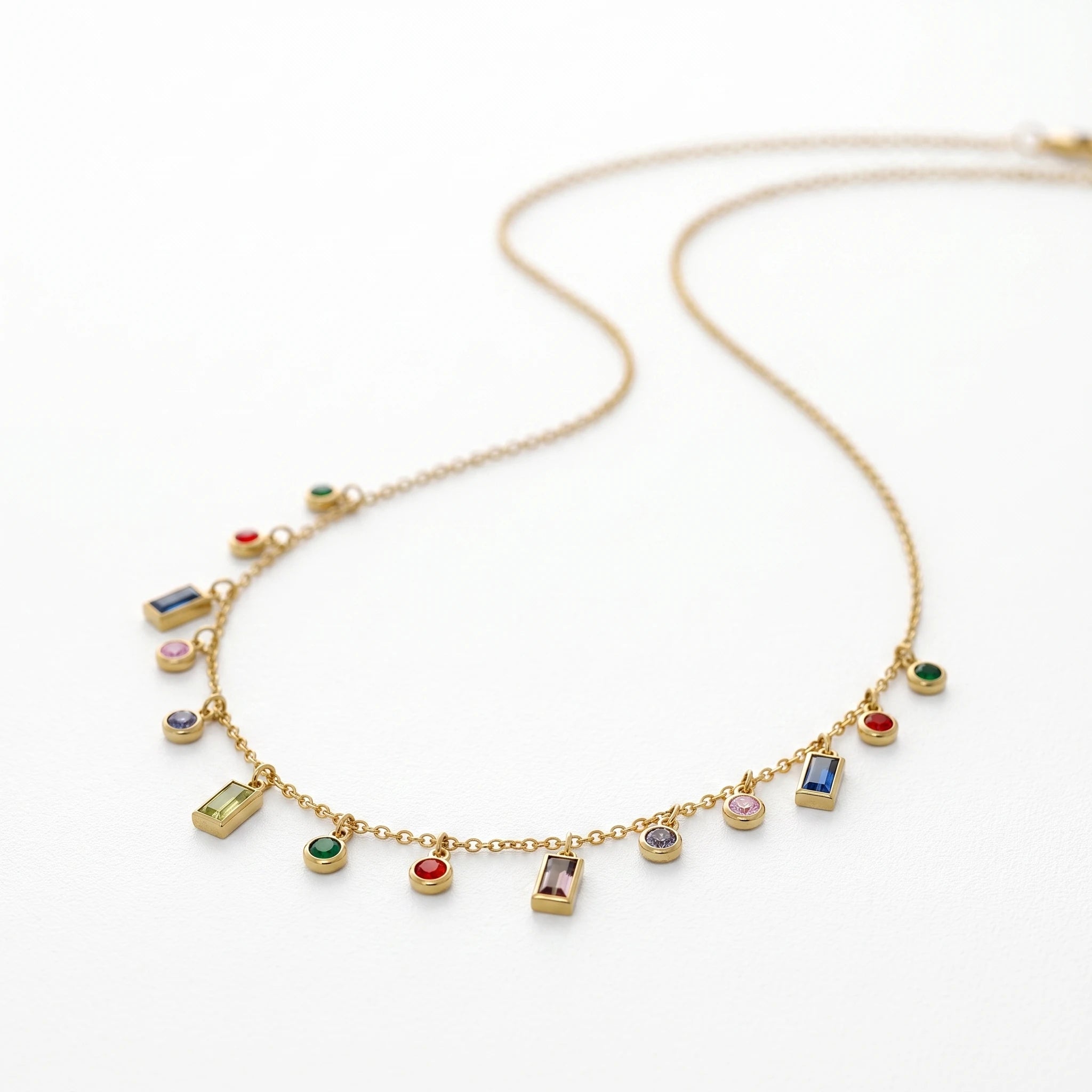QIAOREN 13500 Rainbow Multi Shape Crystal Drop Station Necklace with Random Mixed Color Bead Charms Dangle Thin Chain Necklace