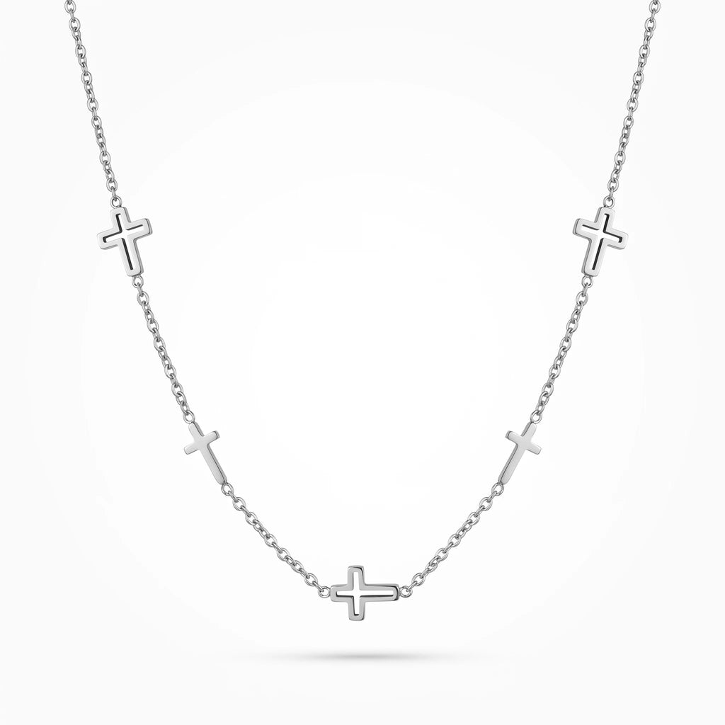 QIAOREN 10660 Multiple Hollow Cross Station Choker Necklace 18K Gold Plated Stainless Steel Link Chain Waterproof Jewelry