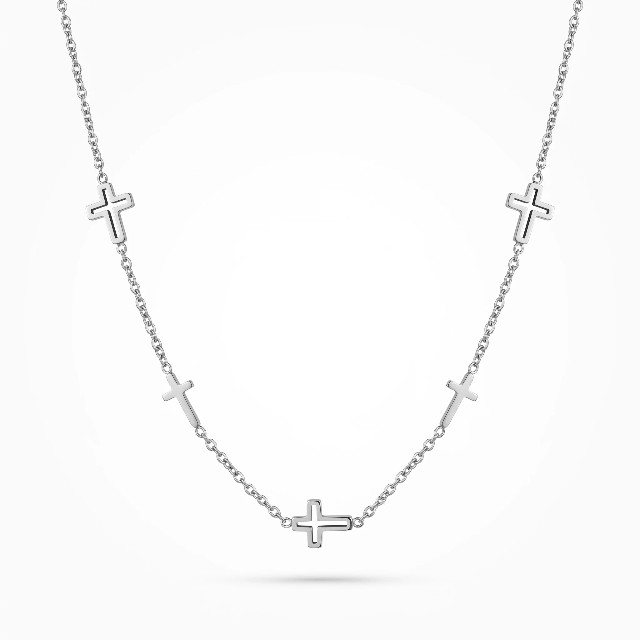QIAOREN 10660 Multiple Hollow Cross Station Choker Necklace 18K Gold Plated Stainless Steel Link Chain Waterproof Jewelry