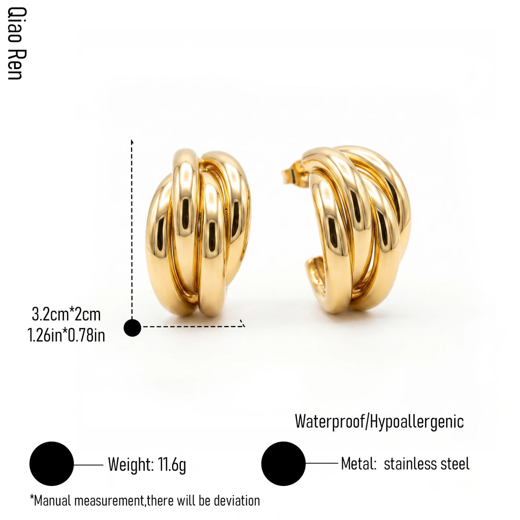 QIAOREN 14542 Multi Band Earrings, Polished Gold Layered Spring Clasp Earrings, Hypoallergenic Jewelry Gift