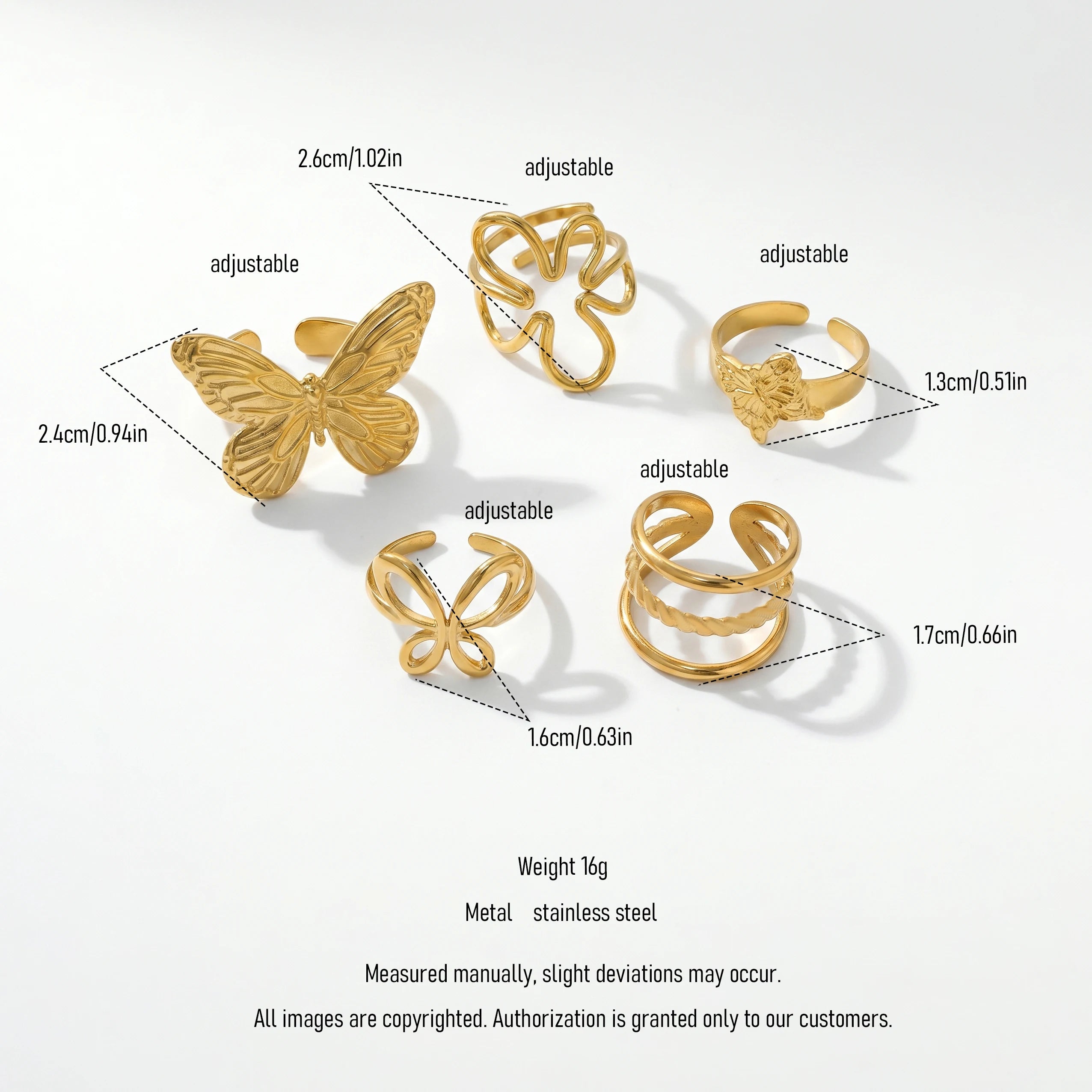 QIAOREN 13111-15 5Pcs 18K Gold Plated Stainless Steel Open Ring Set, Adjustable Stackable Durable Finger Rings