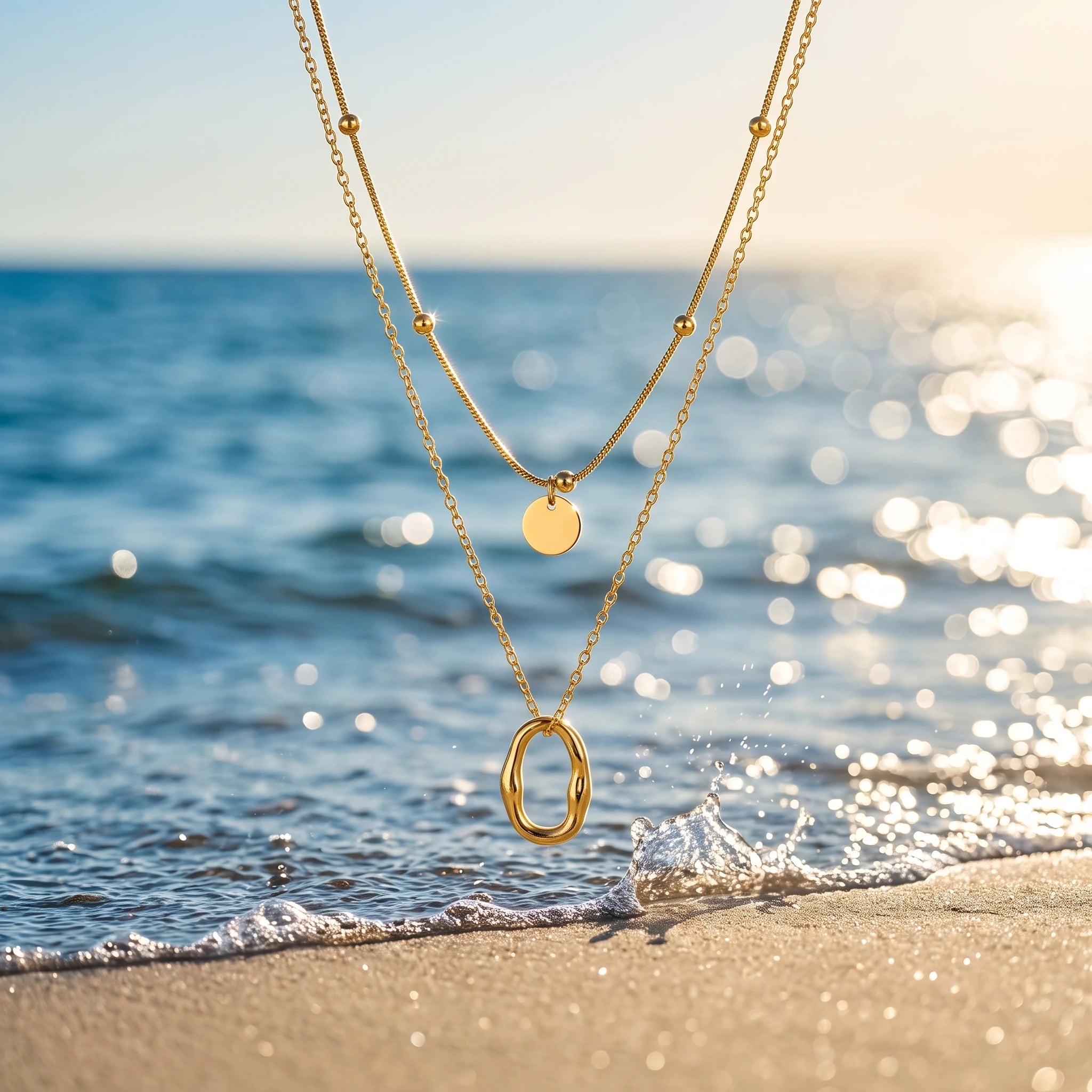QIAOREN 13812 Double Layer Stacked Pendant Necklace with Beaded Snake Chain & Smooth Disc Charm, Outer Oval Link Chain