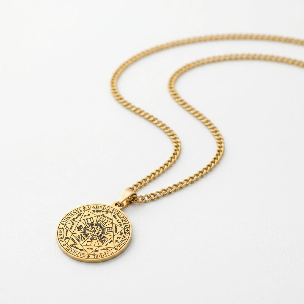 QIAOREN 11757 Anti-Tarnish 18K Gold Plated  Seven Archangel Stainless Steel Christian Solomon Pentagram Necklace