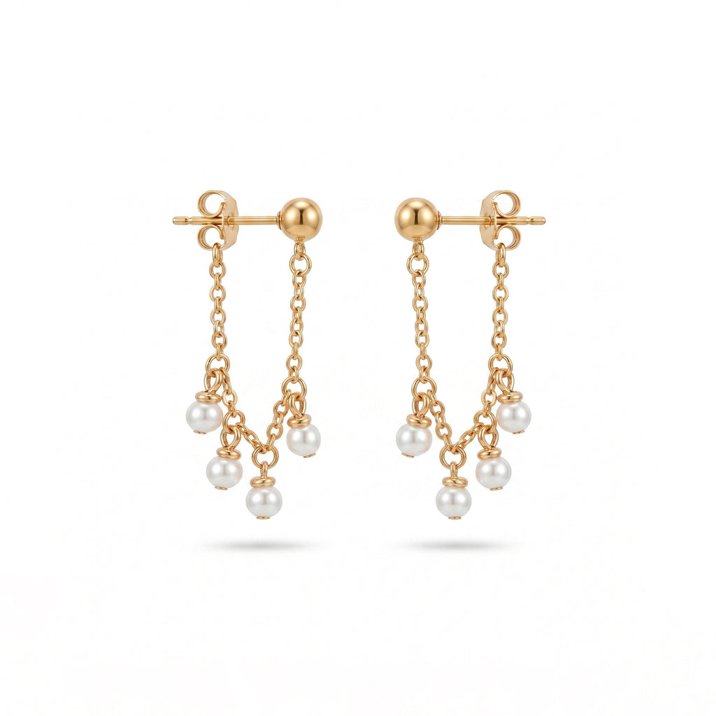 QIAOREN 11872 Trendy Multi-Pearl Cluster Chain Dangle Earrings Stainless Steel 18K Gold Plated Dainty Fringe Jewelry for Women