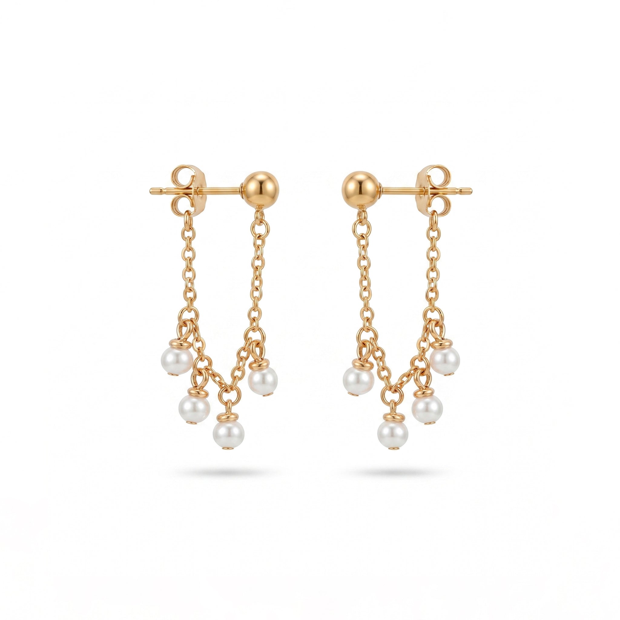 QIAOREN 11872 Trendy Multi-Pearl Cluster Chain Dangle Earrings Stainless Steel 18K Gold Plated Dainty Fringe Jewelry for Women