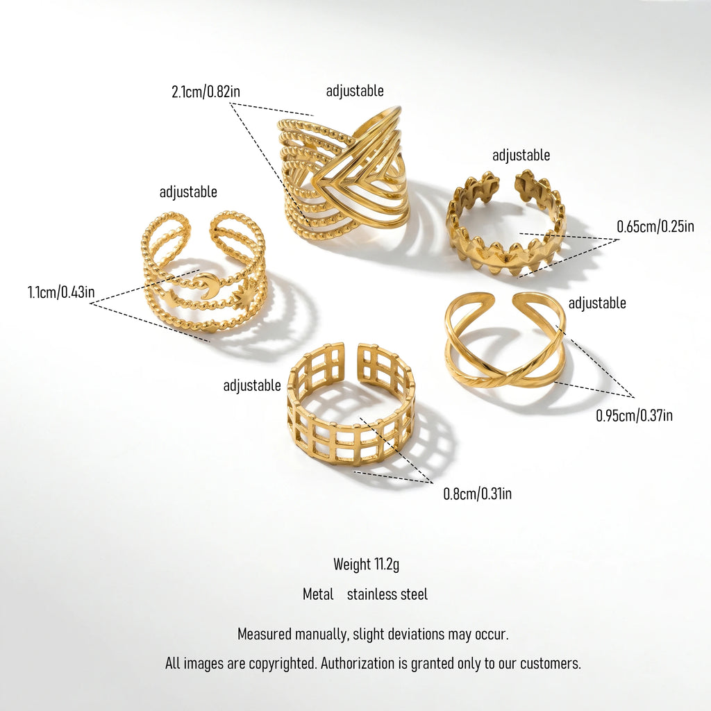 QIAOREN 13126-30 5Pcs 18K Gold Plated Stainless Steel Open Ring Set, Adjustable Stackable Durable Finger Rings