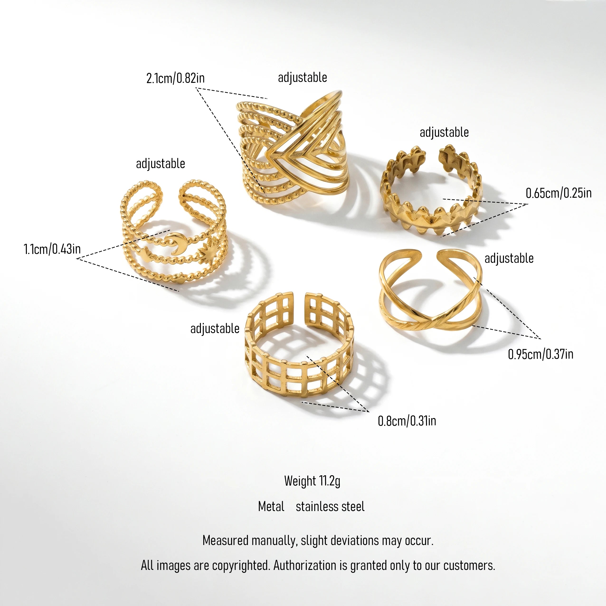 QIAOREN 13126-30 5Pcs 18K Gold Plated Stainless Steel Open Ring Set, Adjustable Stackable Durable Finger Rings