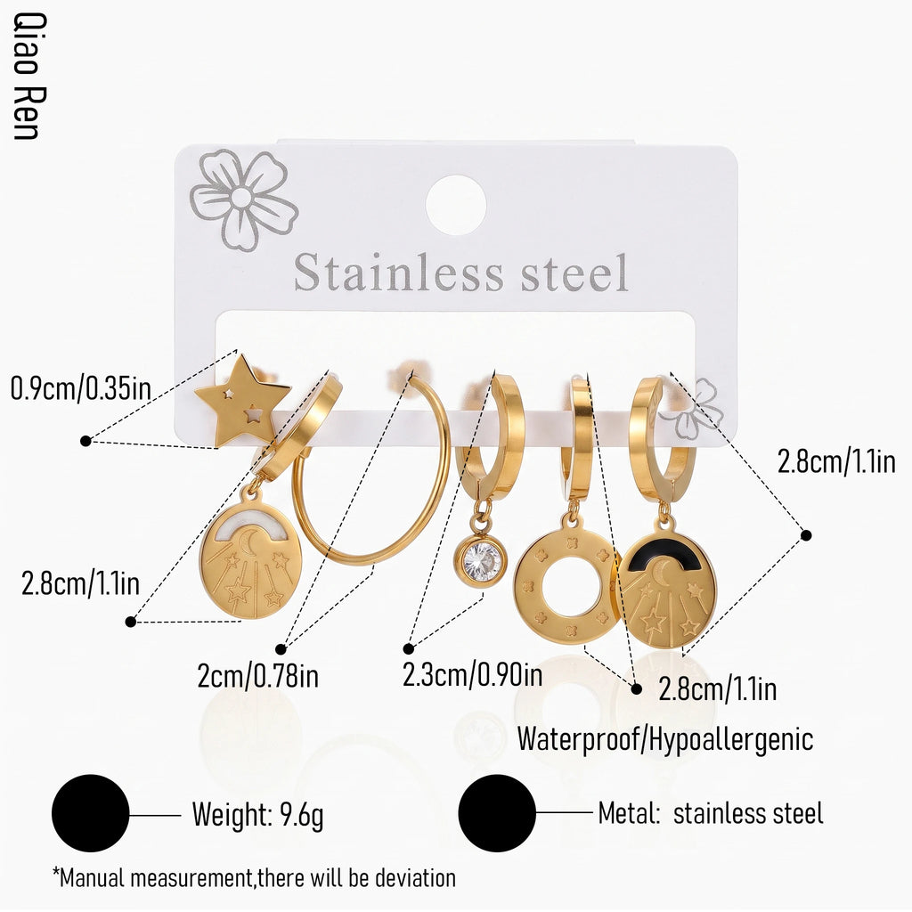QIAOREN 14504 Stainless Steel Star Moon Meteor Enamel Charm Multi Pack Dangle Earrings Fashion Jewelry Gift for Women