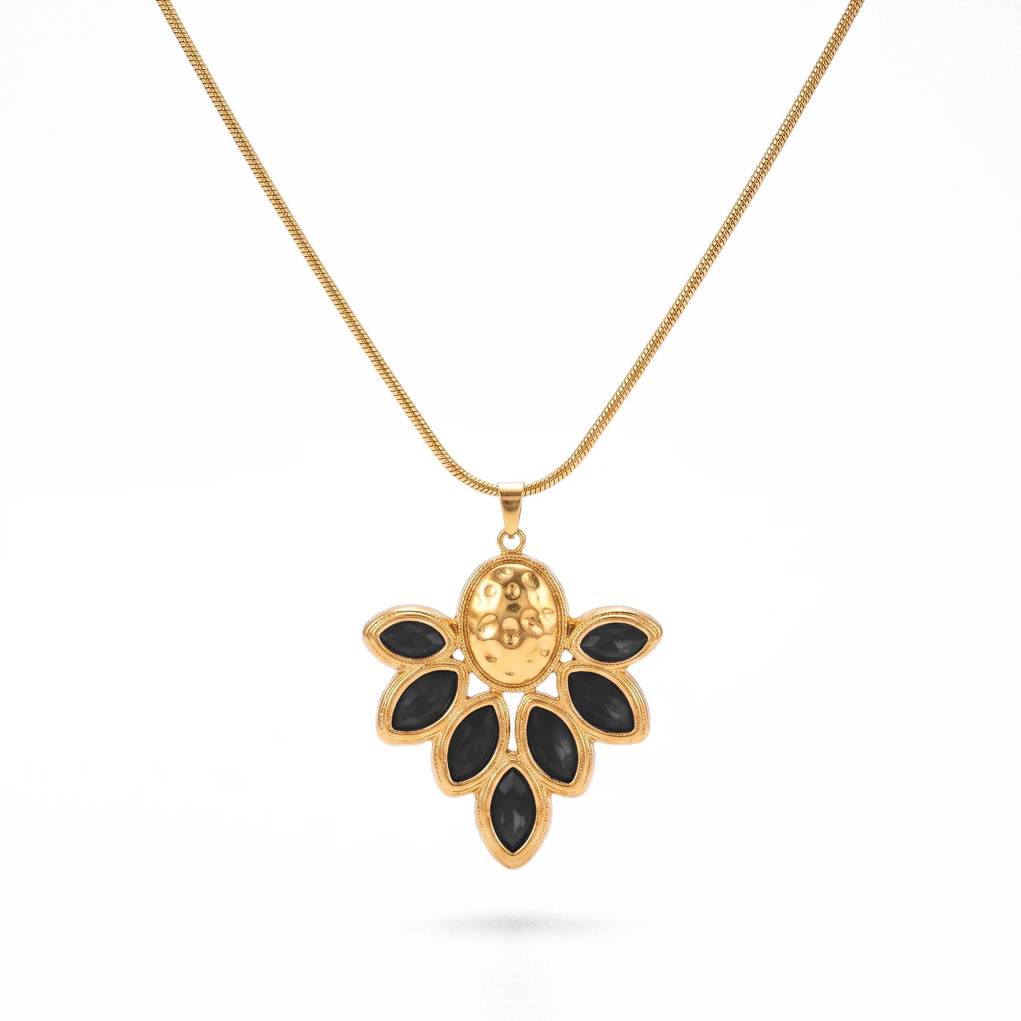 QIAOREN 14387 Vintage Ornate Red Marquise Crystal Pendant Snake Chain Necklace, Stainless Steel Statement Jewelry Gift