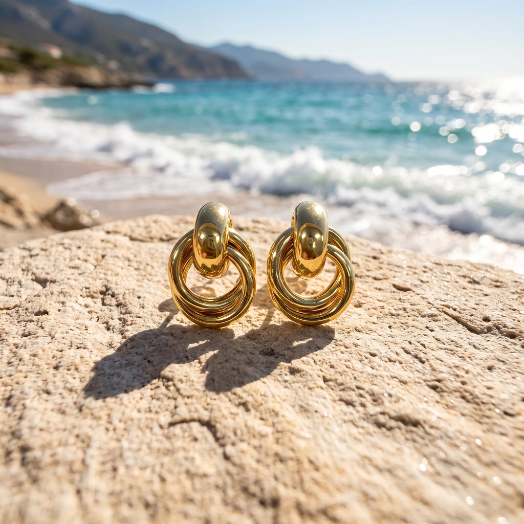 QIAOREN 14536 Interlocking Knot Hoop Stud Earrings, Polished Gold Geometric Metal Earrings Hypoallergenic Jewelry Gift