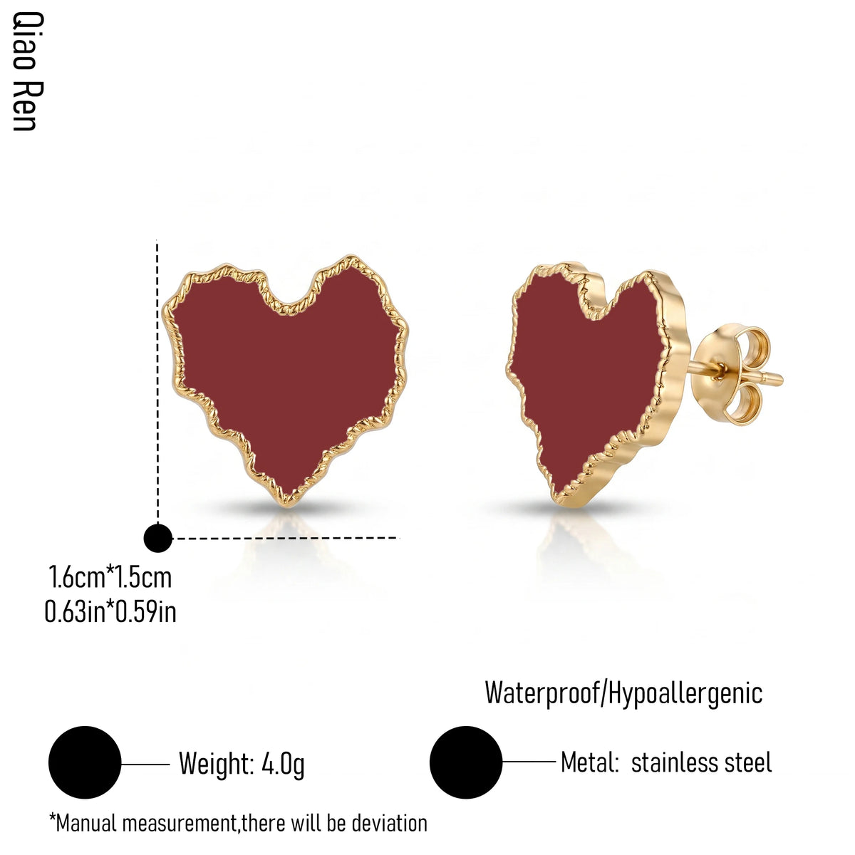 QIAOREN 14078-80 Irregular Wavy Heart Stud Earrings, Beaded Border Enamel Heart Ear Stud Jewelry Gift for Daily Fashion Outfits