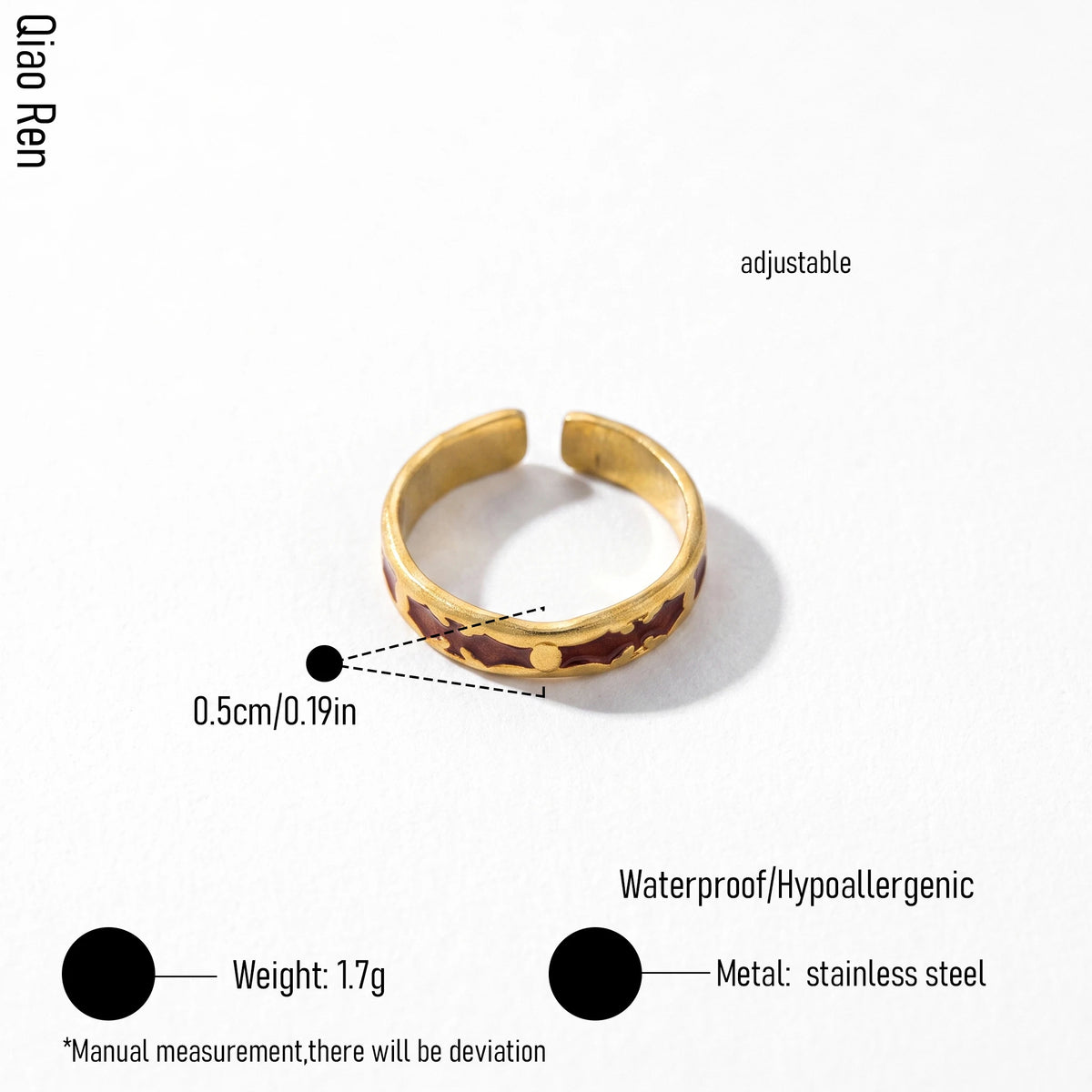 QIAOREN 14221-25 Red Enamel Irregular Wave Open Ring Set, Abstract Curved Adjustable Stackable Ring Jewelry Gift