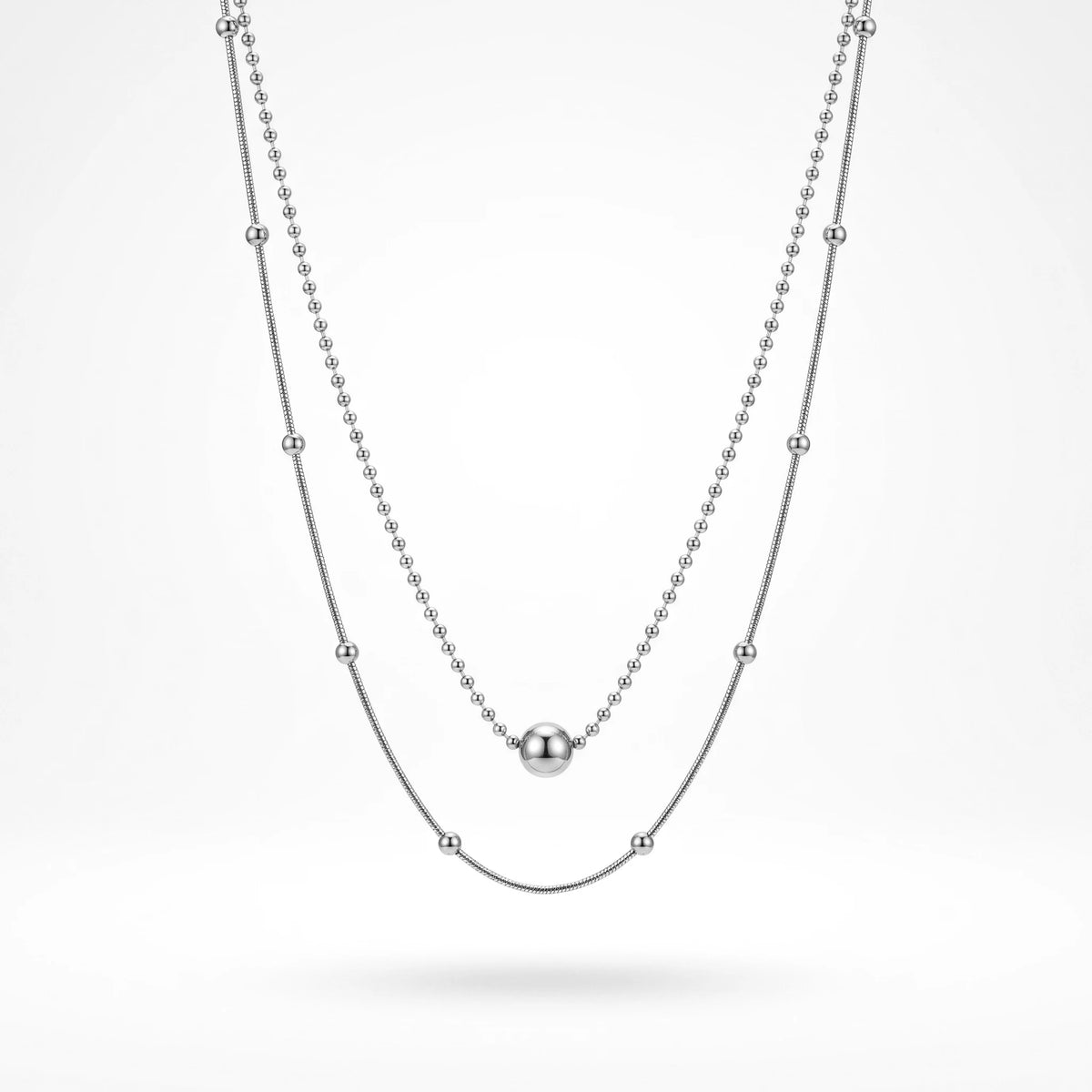 QIAOREN 11899 Minimalist Double Layer Beaded Snake Chain Necklace 18K Gold Stainless Steel Ball Pendant Daily Layering Jewelry