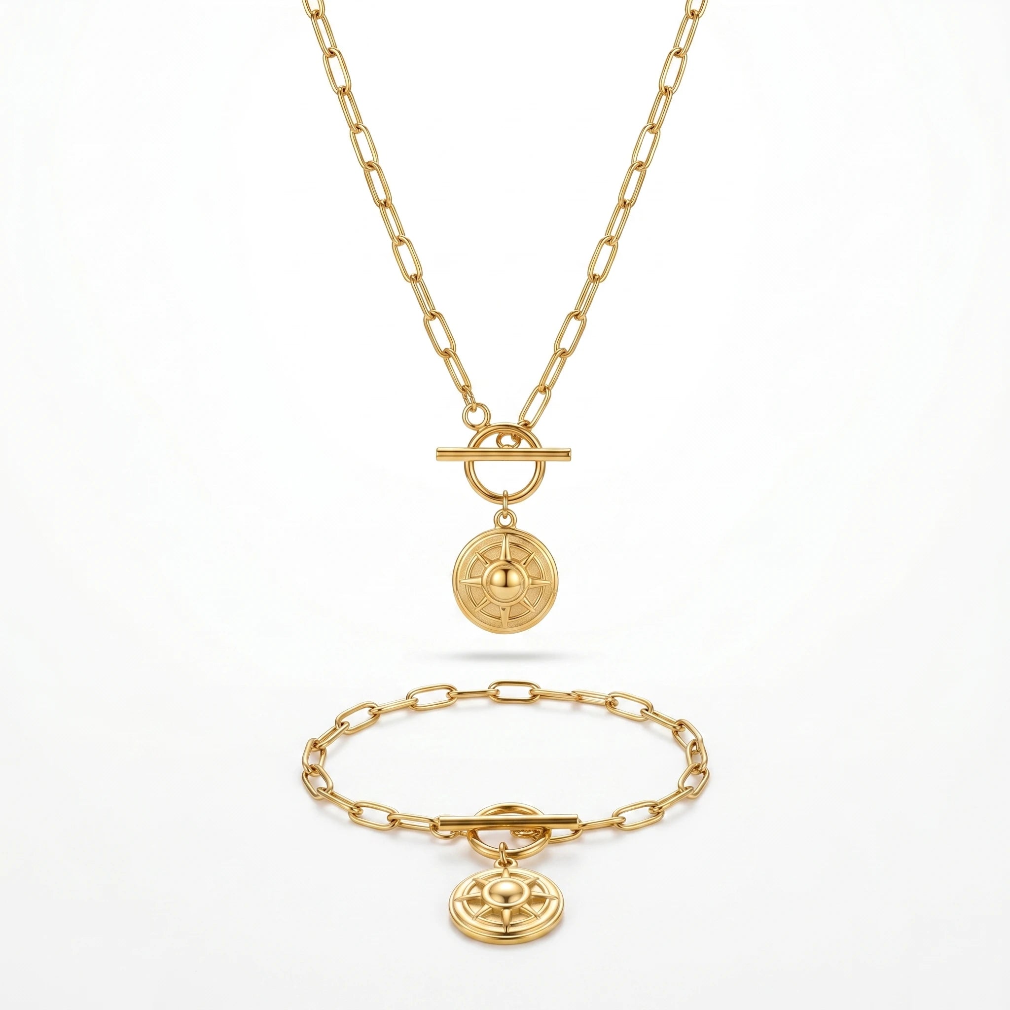 QIAOREN 11897 Waterproof Compass Sun Disc Jewelry Set 18K Gold Stainless Steel 2Pcs Toggle Clasp Paperclip Chain Jewelry