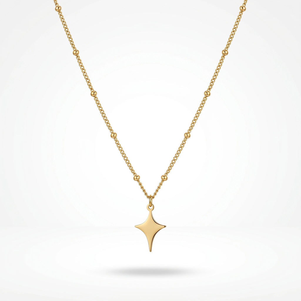 QIAOREN 11245 Tarnish Resistant Waterproof 18K Gold Plated Stainless Steel North Star Beaded Chain Necklace