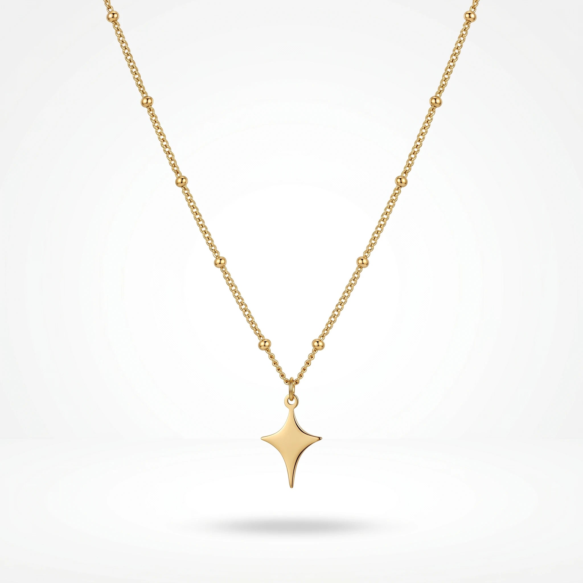 QIAOREN 11245 Tarnish Resistant Waterproof 18K Gold Plated Stainless Steel North Star Beaded Chain Necklace