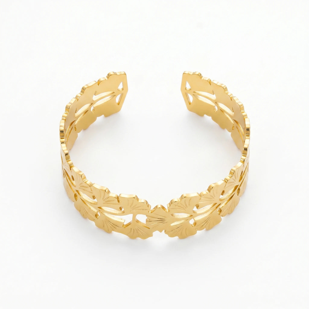 QIAOREN 12719  18K Gold Hollow Cutout Linked Ginkgo Leaf Wide Open Cuff Bracelet Stainless Steel Adjustable Nature Wrist Jewelry
