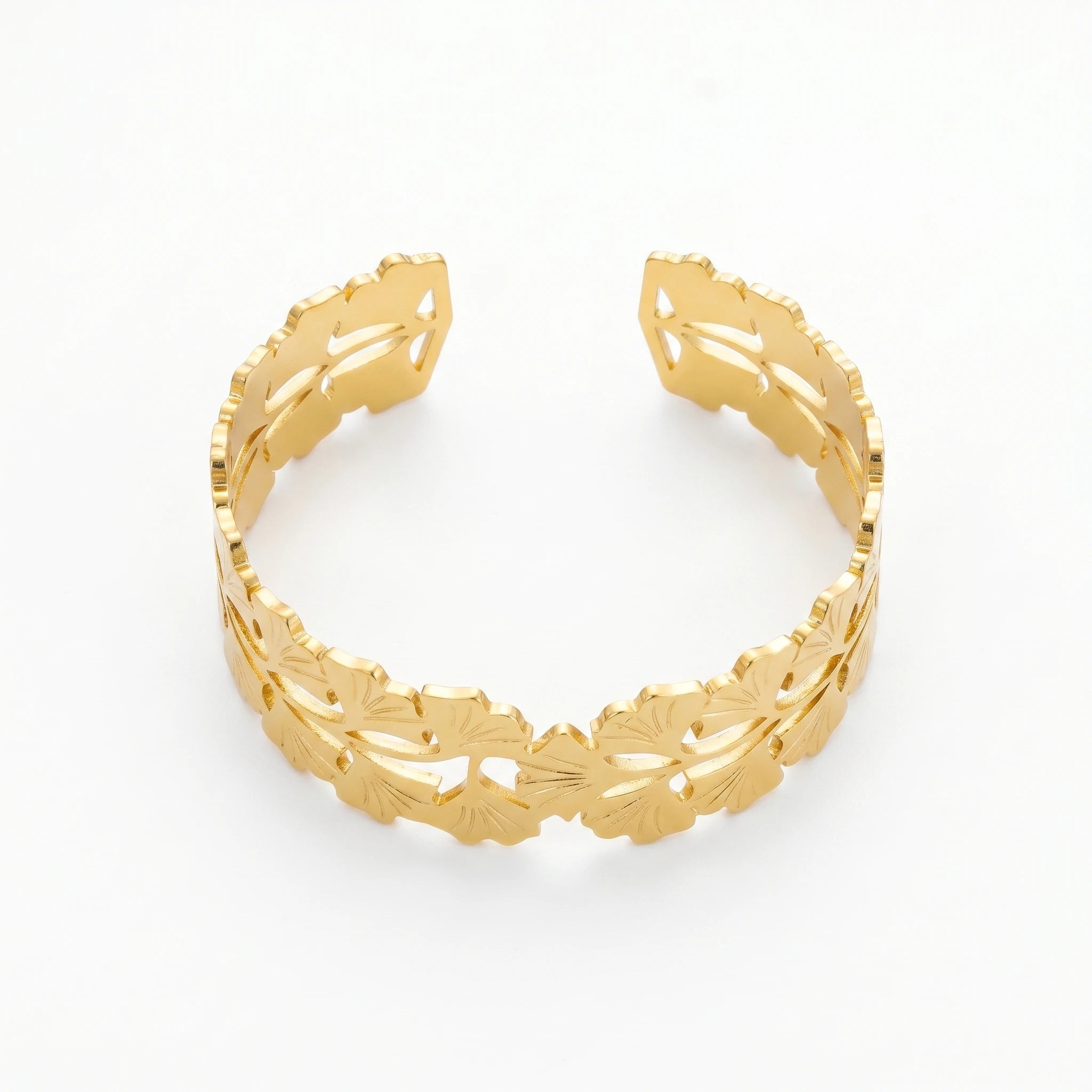 QIAOREN 12719  18K Gold Hollow Cutout Linked Ginkgo Leaf Wide Open Cuff Bracelet Stainless Steel Adjustable Nature Wrist Jewelry