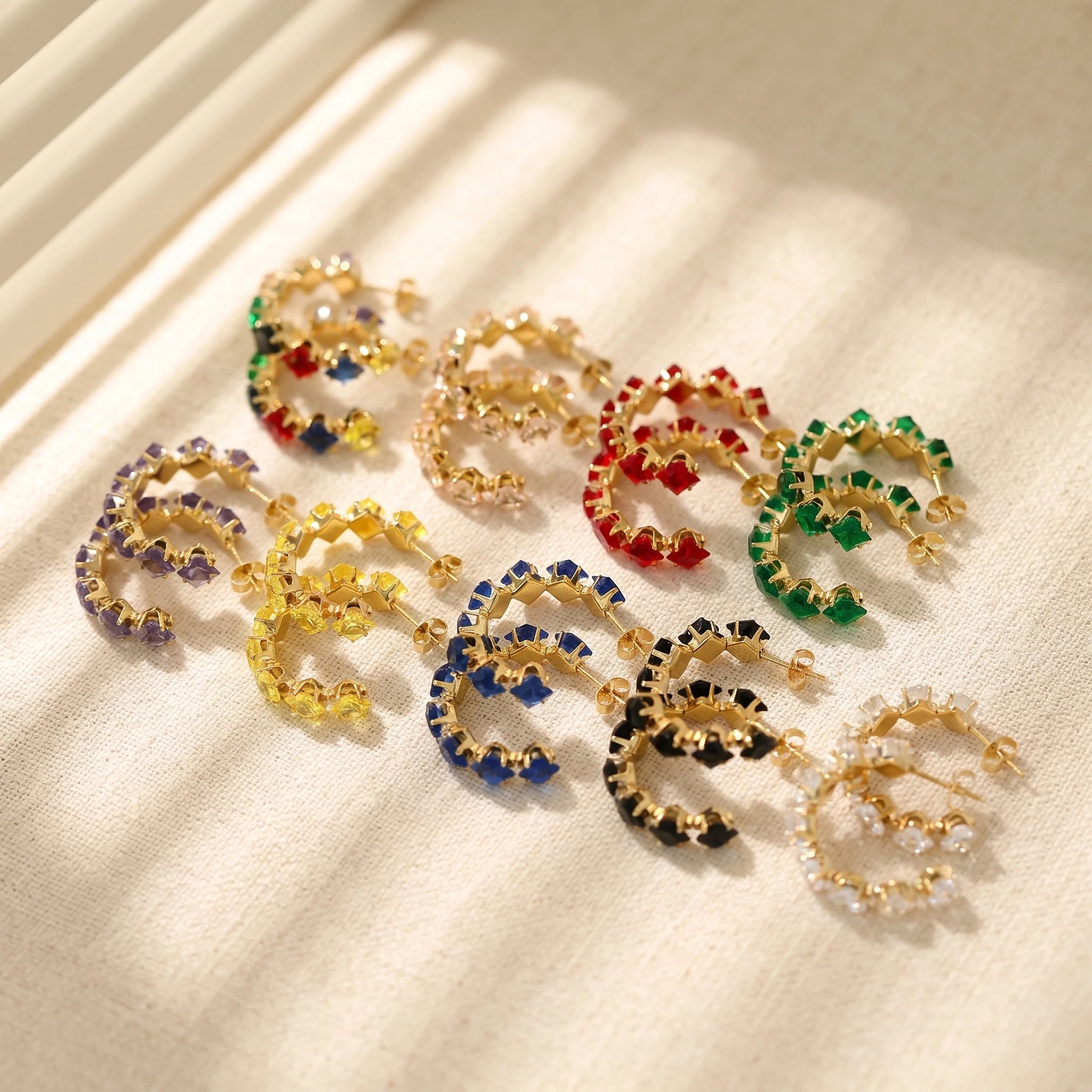 QIAOREN 12208-16  Gold Plated Stainless Steel Rainbow Square CZ Huggie Hoop Earrings