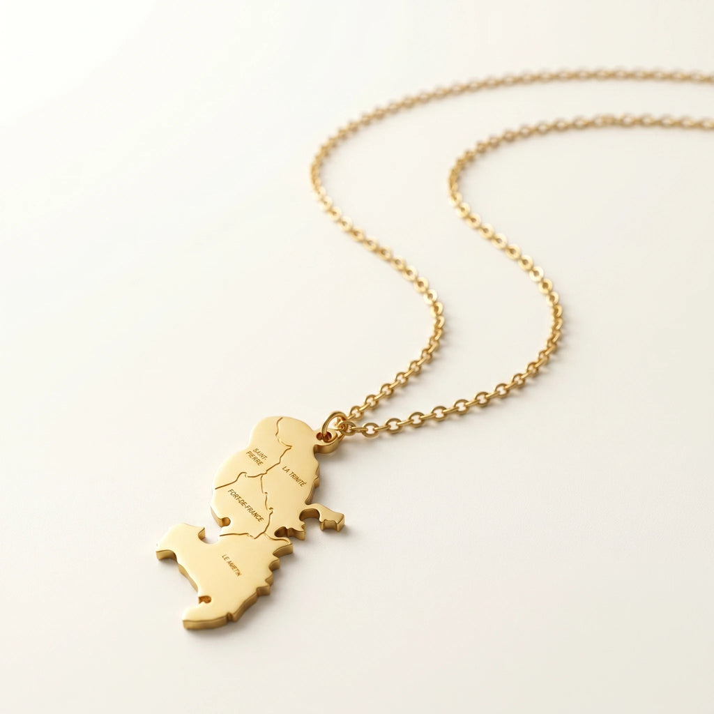 QIAOREN 12043 Travel Gift Stainless Steel Engraved Martinique Island  Pendant Necklace Slim Chain for European Souvenir Present