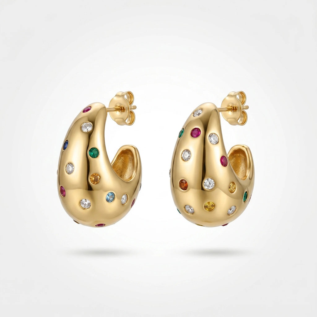 QIAOREN 12285 Trendy Rainbow CZ Teardrop Earrings Gold Stainless Steel Scattered Colorful Gemstone Dome Hoops Women US EU
