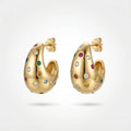 QIAOREN 12285 Trendy Rainbow CZ Teardrop Earrings Gold Stainless Steel Scattered Colorful Gemstone Dome Hoops Women US EU