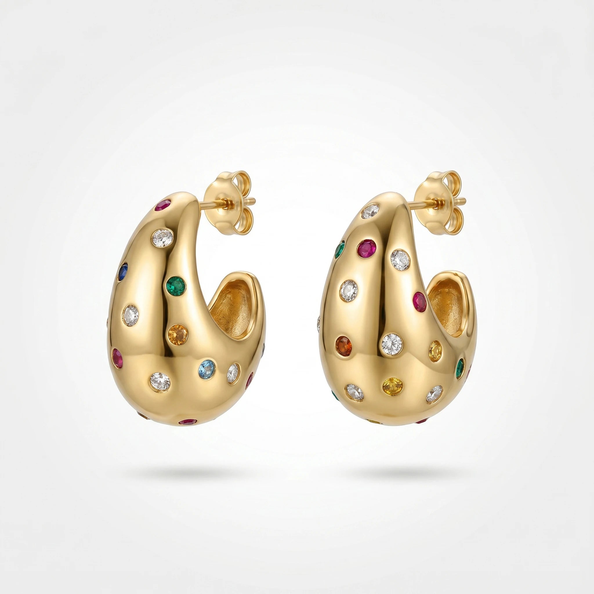 QIAOREN 12285 Trendy Rainbow CZ Teardrop Earrings Gold Stainless Steel Scattered Colorful Gemstone Dome Hoops Women US EU