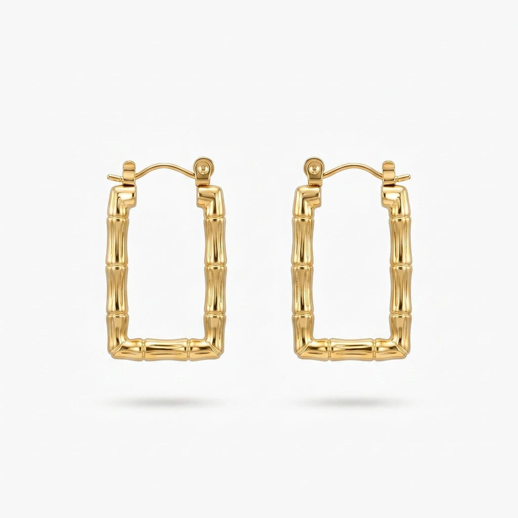 QIAOREN 12433 Elegant  Textured Rectangular Hoops Gold Stainless Steel Statement Jewelry Gift Women