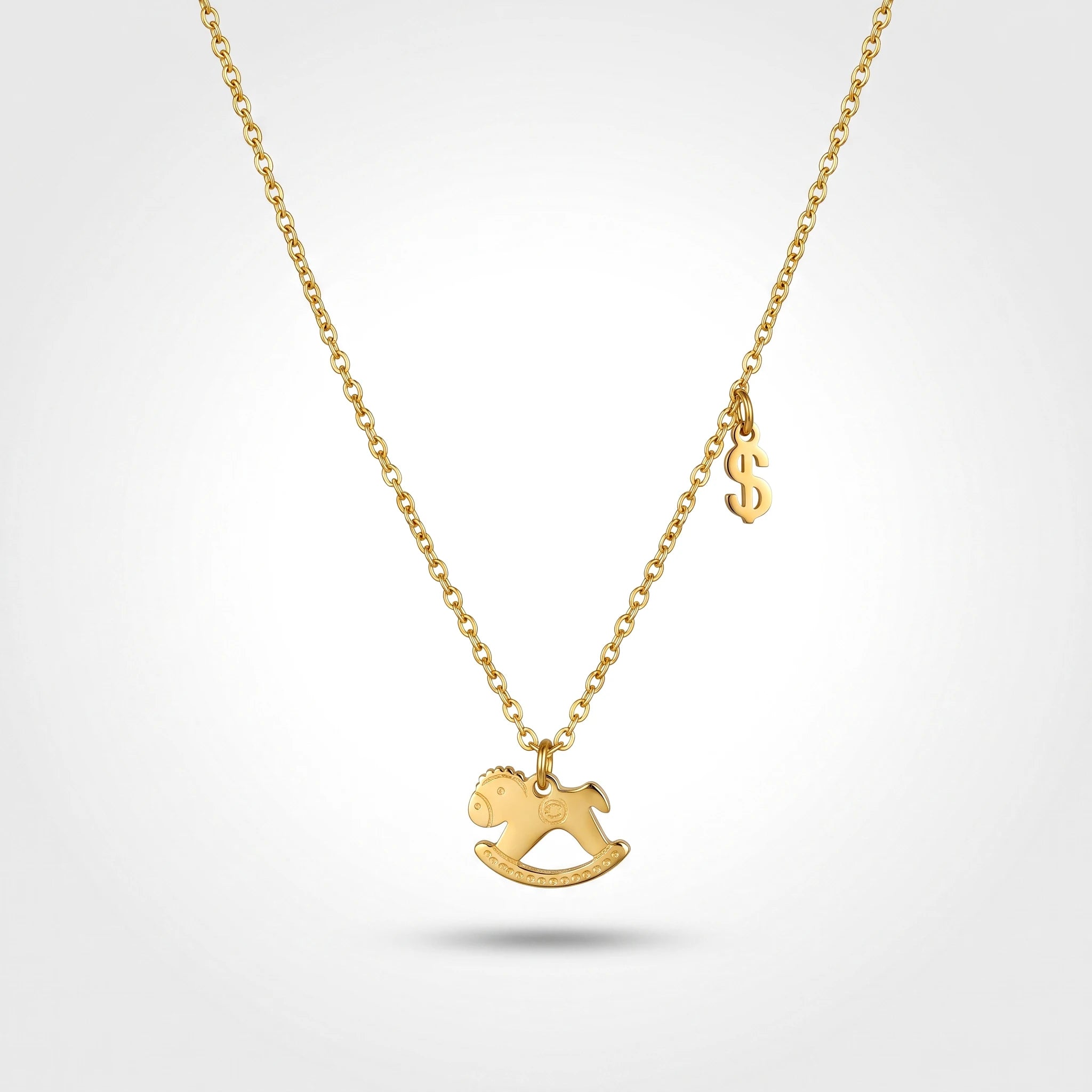 QIAOREN 13811 Thin Oval Link Chain Pendant Necklace with Engraved Rocking Horse Charm & Mini Dollar Sign Side