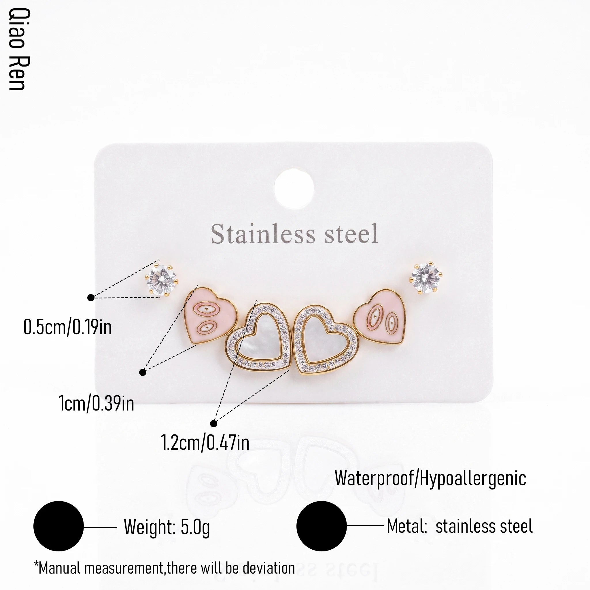 QIAOREN 14511 Minimalist Heart Stud Earrings Stainless Steel CZ Crystal Earrings Waterproof Jewelry for Women Daily Wear