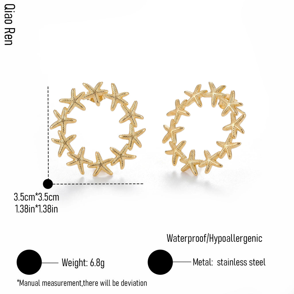 QIAOREN 14063 Starfish Wreath Circle Stud Earrings, Hollow Round Starfish Ring Ear Stud Jewelry Gift for Daily Fashion Outfits