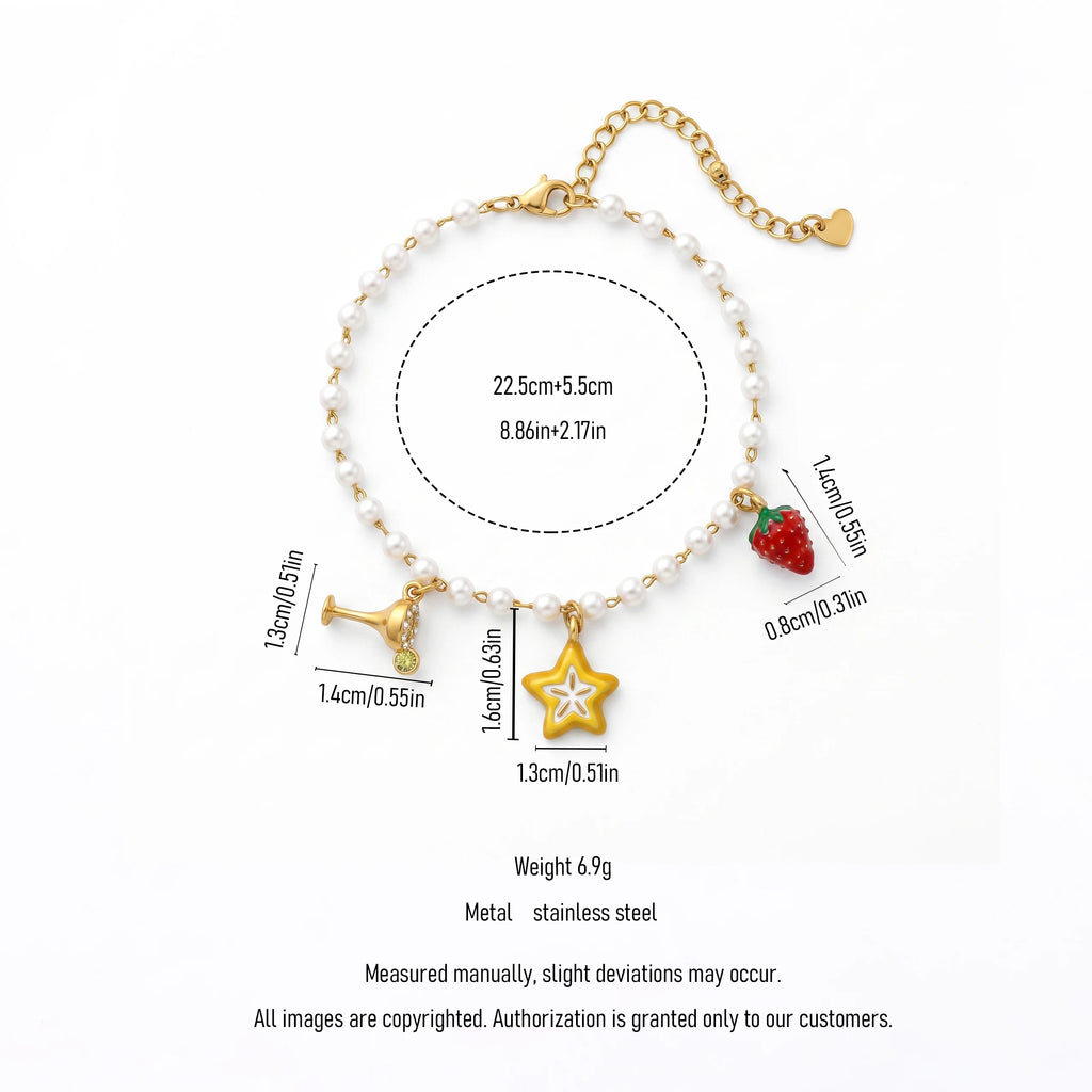 QIAOREN 13333 Sweet Party Pearl Anklet with Wine Glass, Hollow Star & Strawberry Charms, Cute Summer Foot Jewelry Gift