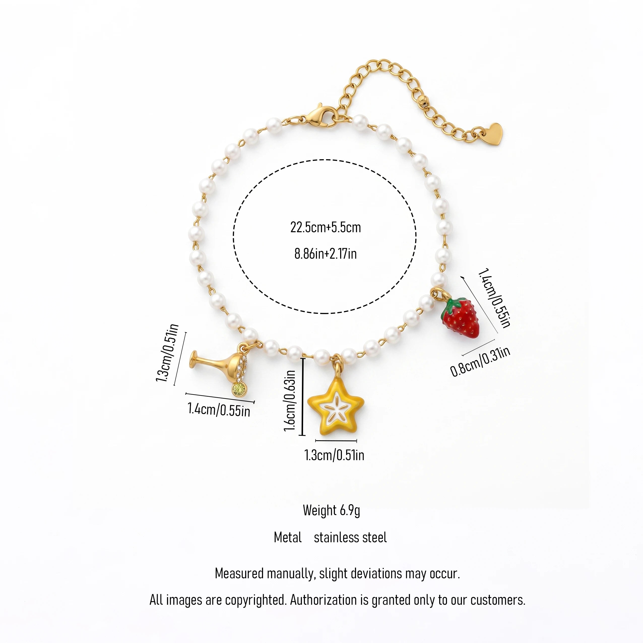 QIAOREN 13333 Sweet Party Pearl Anklet with Wine Glass, Hollow Star & Strawberry Charms, Cute Summer Foot Jewelry Gift