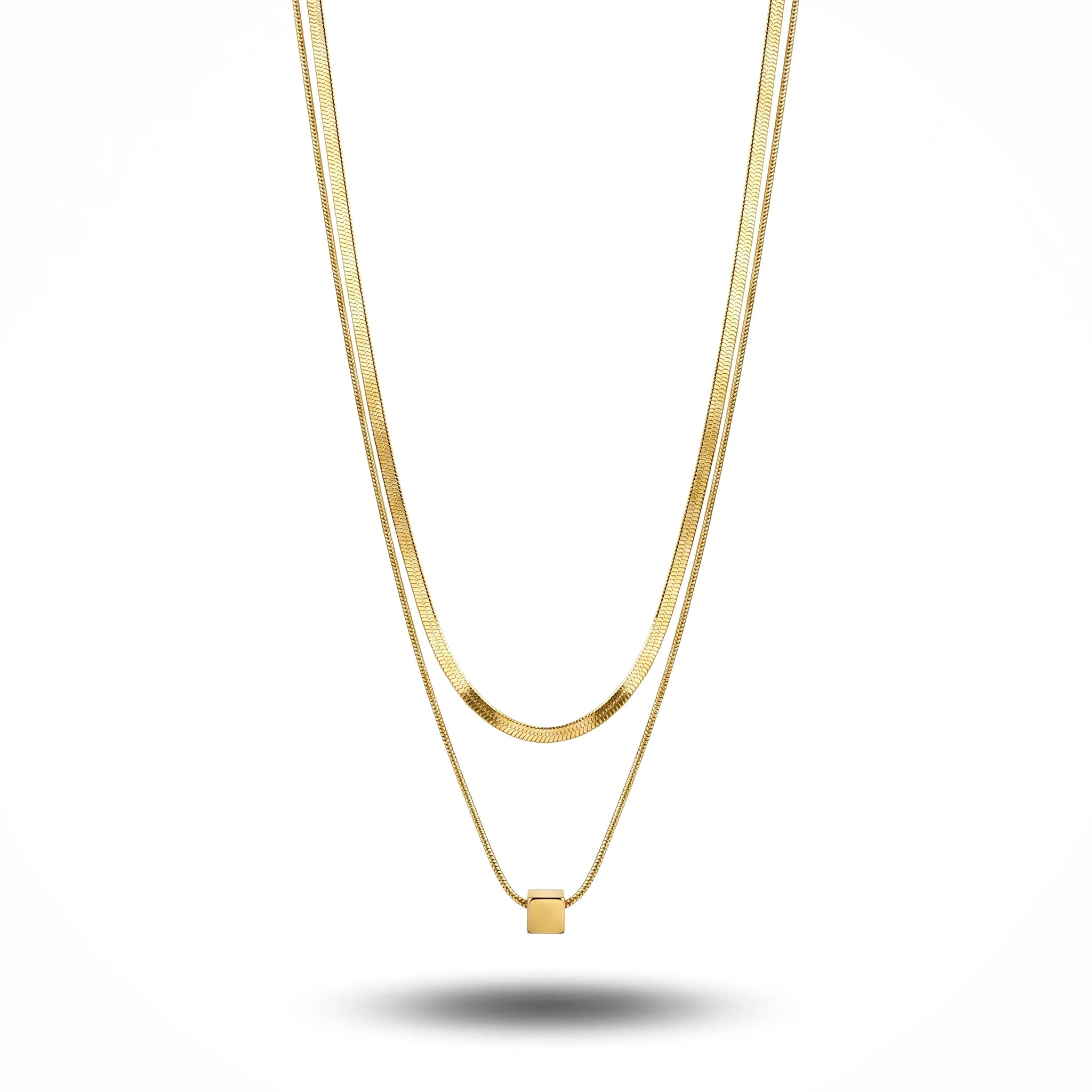 QIAOREN 11688 Minimalist Cube Layered Necklace 18K Gold Stainless Steel Herringbone Chain Choker for Women