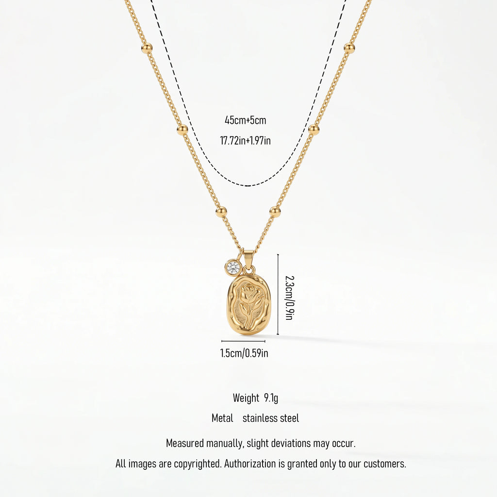 QIAOREN 11747 Anti-Tarnish 18K Gold Plated Stainless Steel Rose Embossed Pendant Necklace