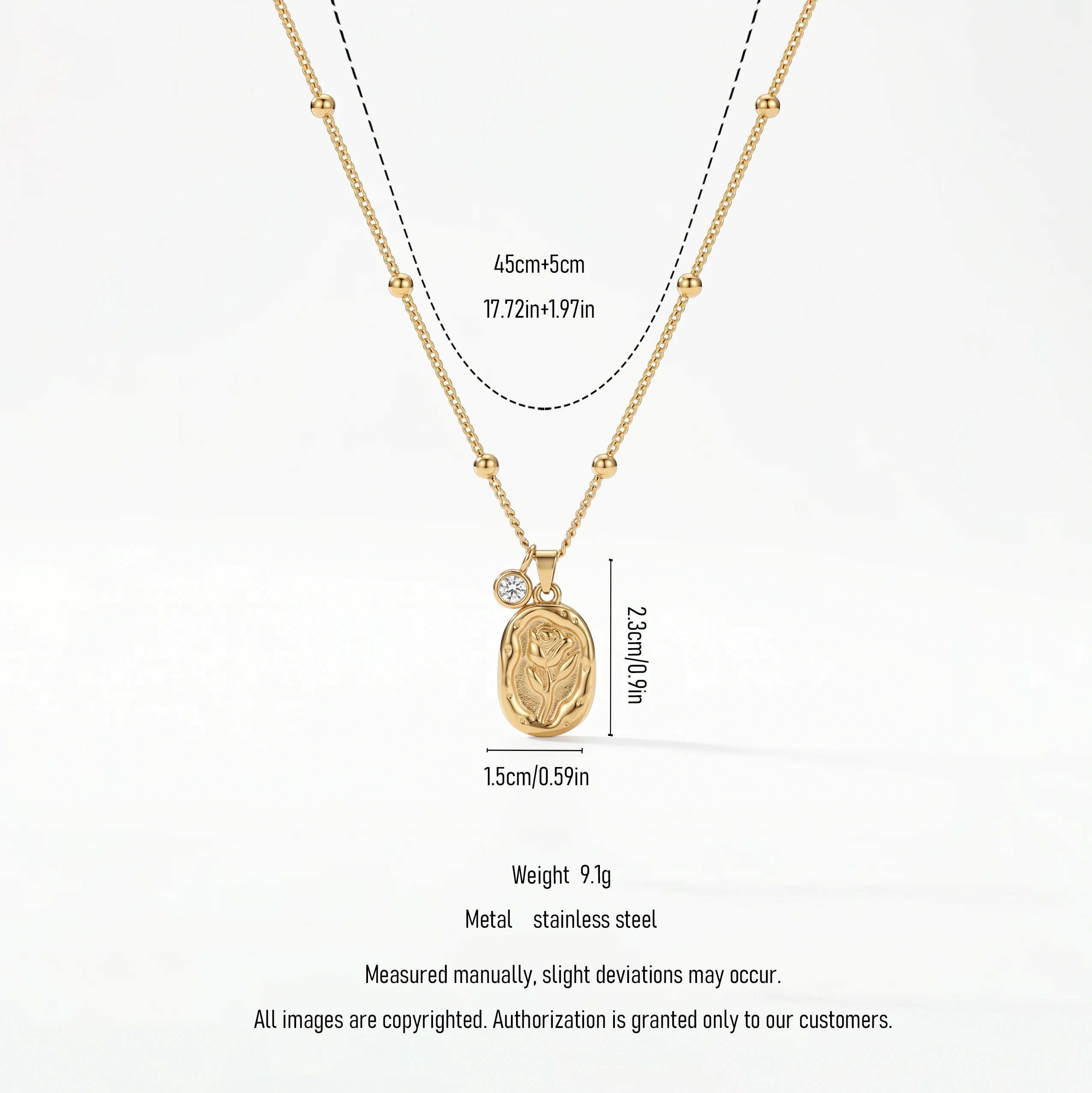 QIAOREN 11747 Anti-Tarnish 18K Gold Plated Stainless Steel Rose Embossed Pendant Necklace