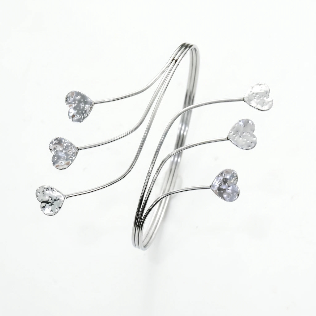 QIAOREN 12807 Trend Romantic Multi Heart Open Cuff Bangle Stainless Steel Silver Adjustable Daily Jewelry