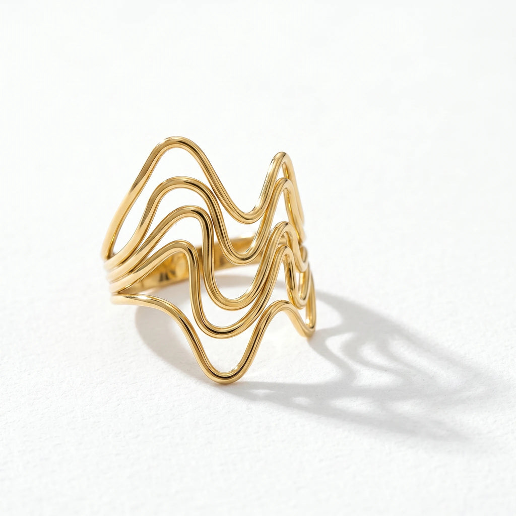 QIAOREN 13106-10 5Pcs 18K Gold Plated Stainless Steel Open Ring Set, Adjustable Stackable Durable Finger Rings