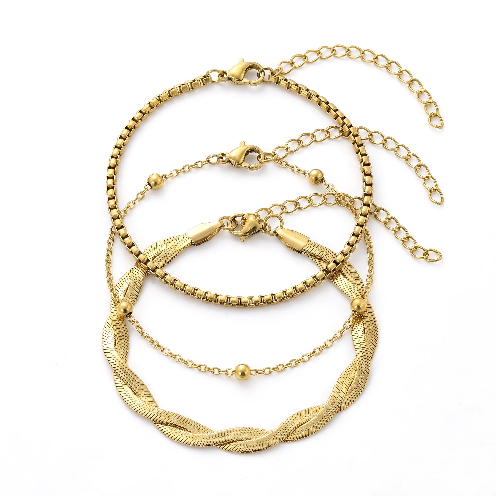 QIAOREN 11529 18K Gold Plated 3Pcs Twist Braided Box Chain Bracelet Set Stainless Steel Tarnish Free