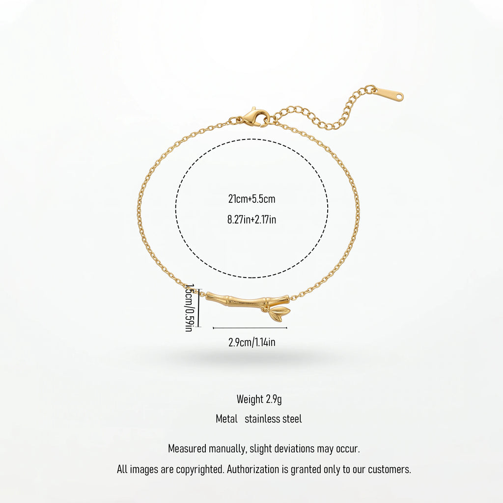 QIAOREN 13769 Thin Oval Link Adjustable Anklet with Matte Textured Bamboo Bar Charm with Tiny Leaf Detail