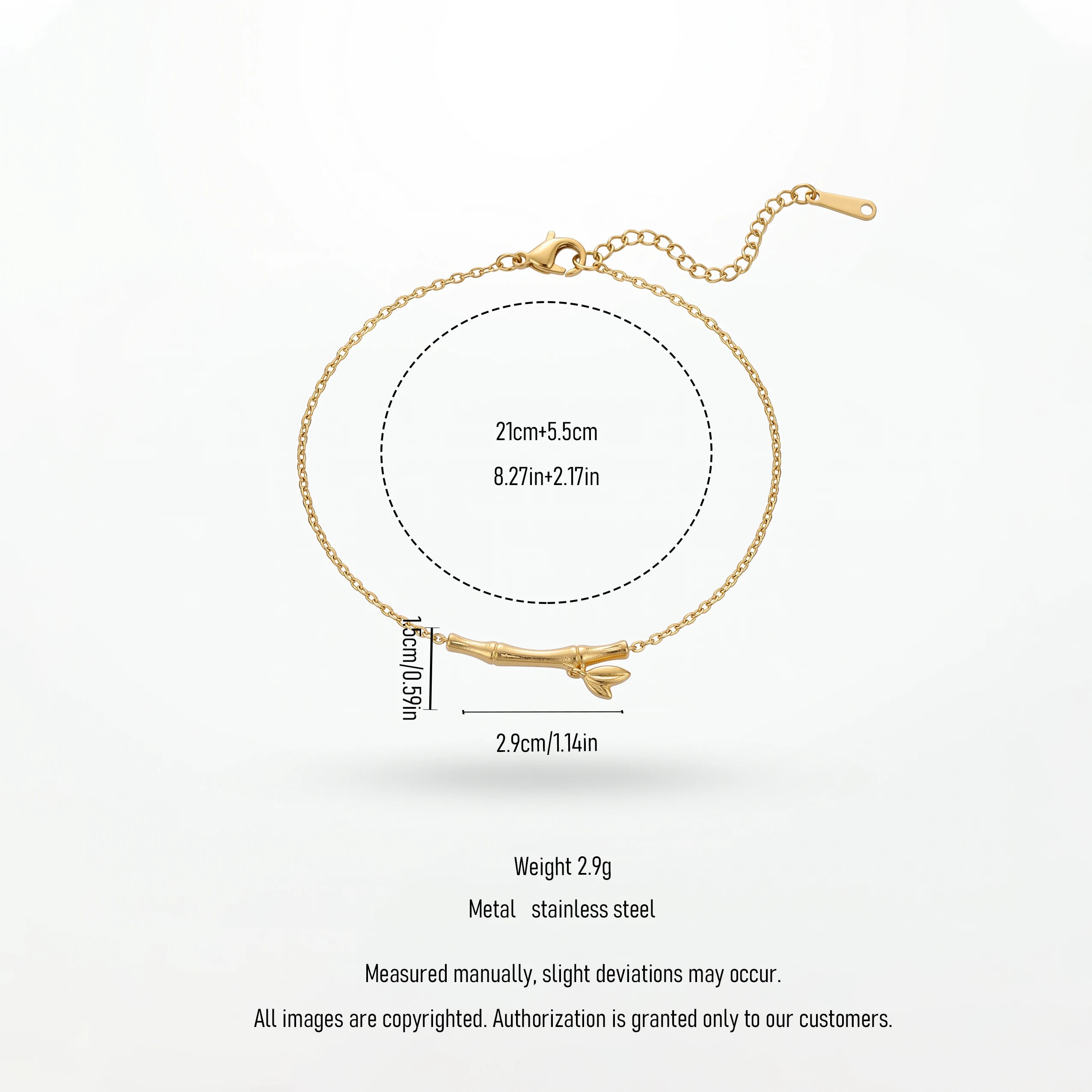 QIAOREN 13769 Thin Oval Link Adjustable Anklet with Matte Textured Bamboo Bar Charm with Tiny Leaf Detail
