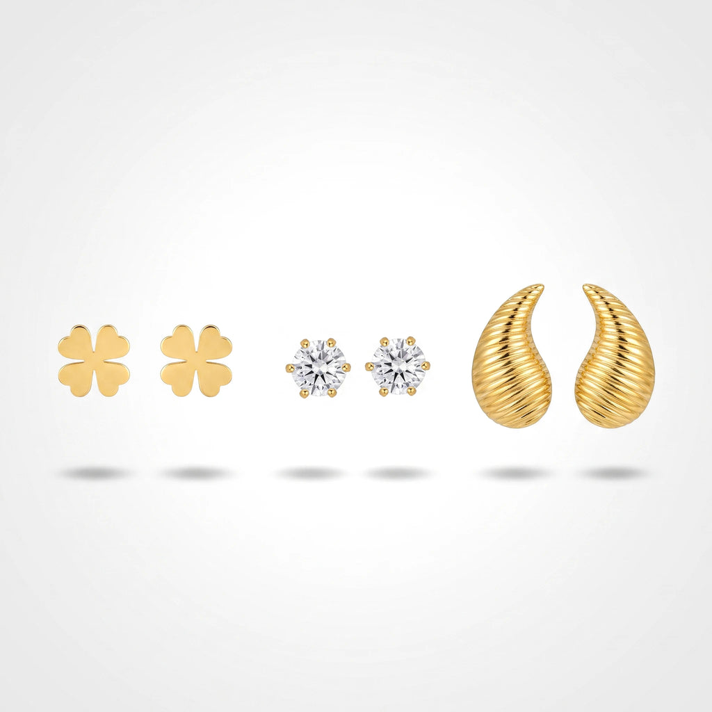 QIAOREN 13256 3 PCS Set  18K Gold Plated Stainless Steel Stud Earrings Set Solid Clover, Round CZ