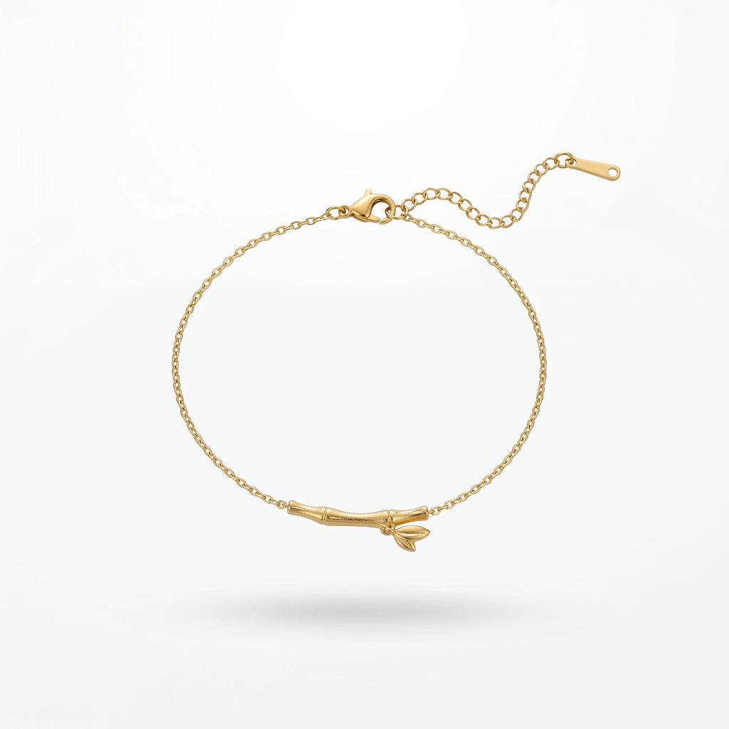 QIAOREN 13769 Thin Oval Link Adjustable Anklet with Matte Textured Bamboo Bar Charm with Tiny Leaf Detail