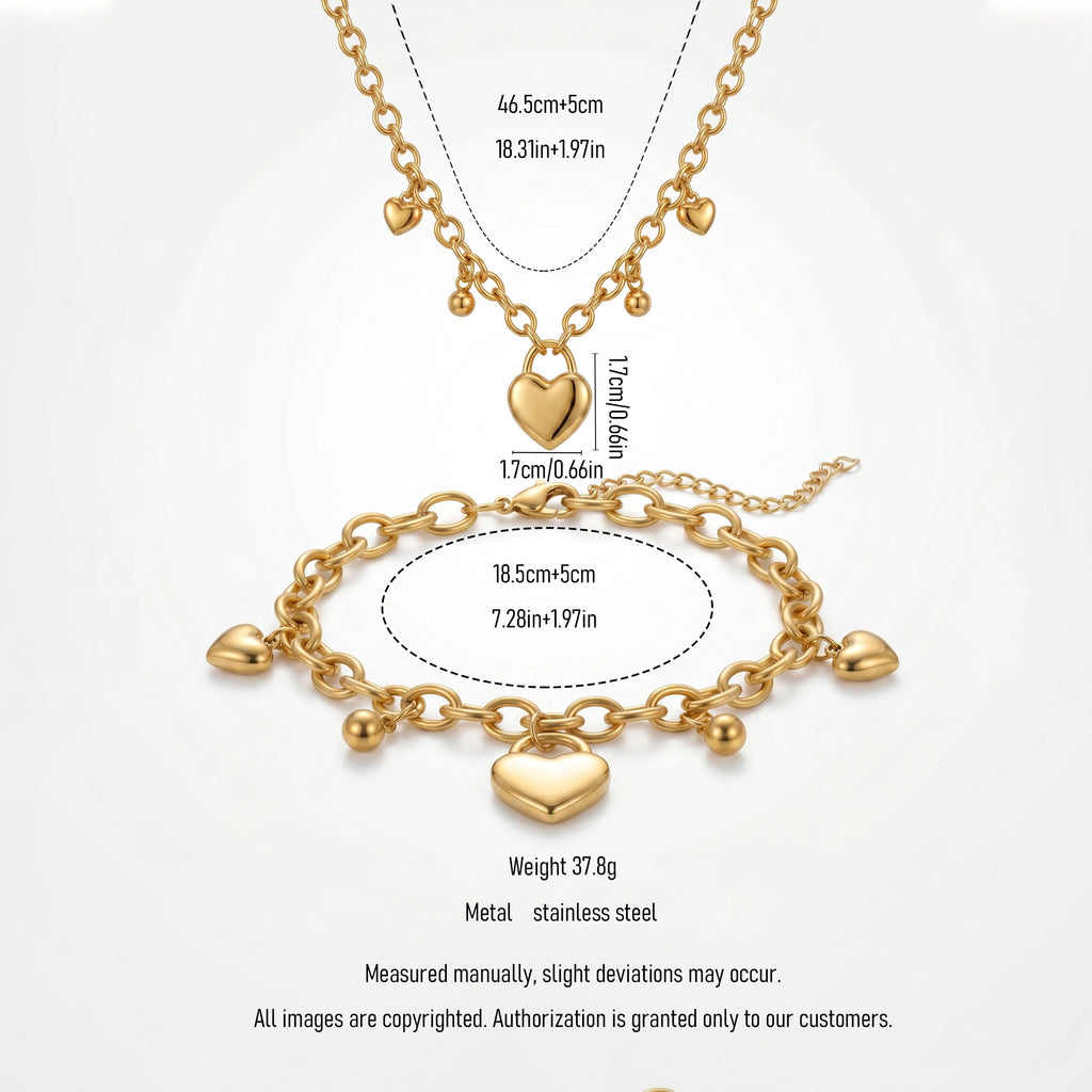 QIAOREN 12919 18K Gold Plated Puffy Heart Necklace, Waterproof Tarnish Free Stainless Steel Lariat Heart Jewelry for Women
