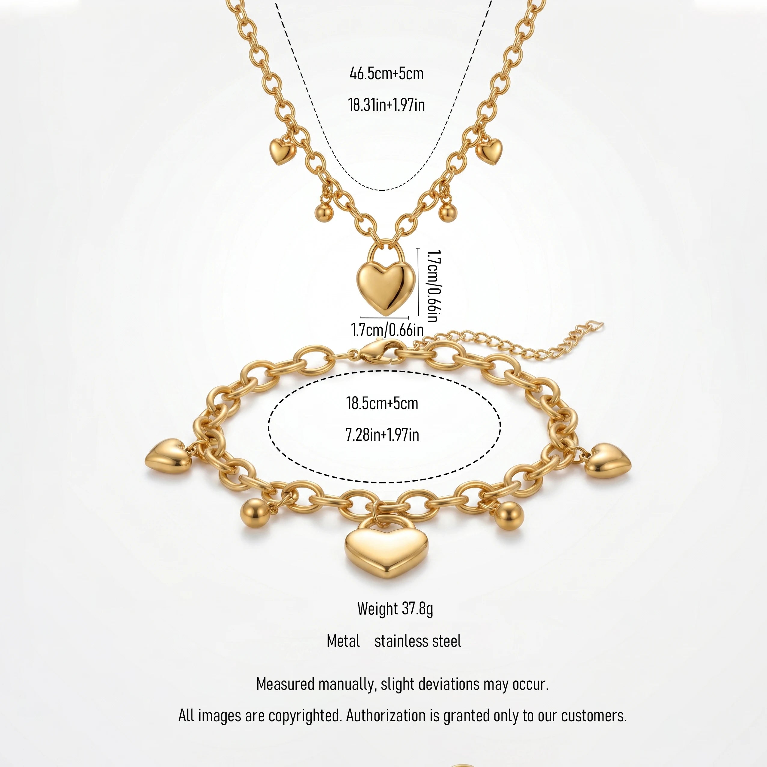 QIAOREN 12919 18K Gold Plated Puffy Heart Necklace, Waterproof Tarnish Free Stainless Steel Lariat Heart Jewelry for Women