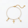 QIAOREN 13318 Dainty Pearl Anklet with Cross, Eiffel Tower & Key Charms, Paris Retro Foot Jewelry Gift for Daily Soft Wears